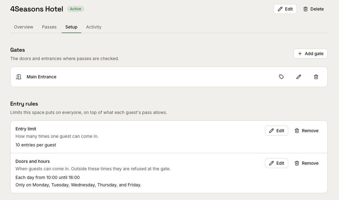 The console's Setup tab for a hotel: one gate, Main Entrance, and two entry rules - 10 entries per guest, and access limited to 10:00-16:00 on Monday through Friday
